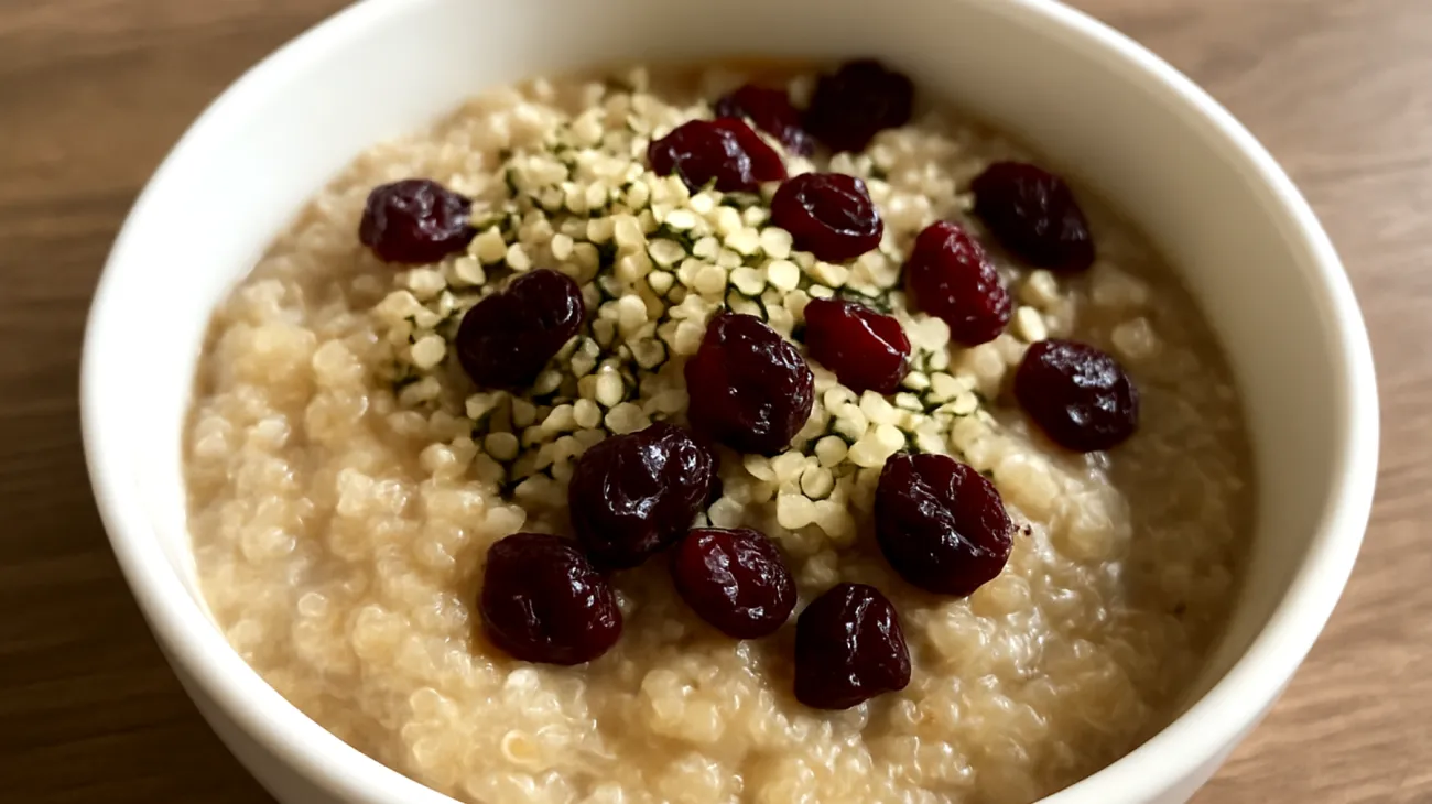 Porridge di quinoa con semi di canapa e mirtilli rossi"