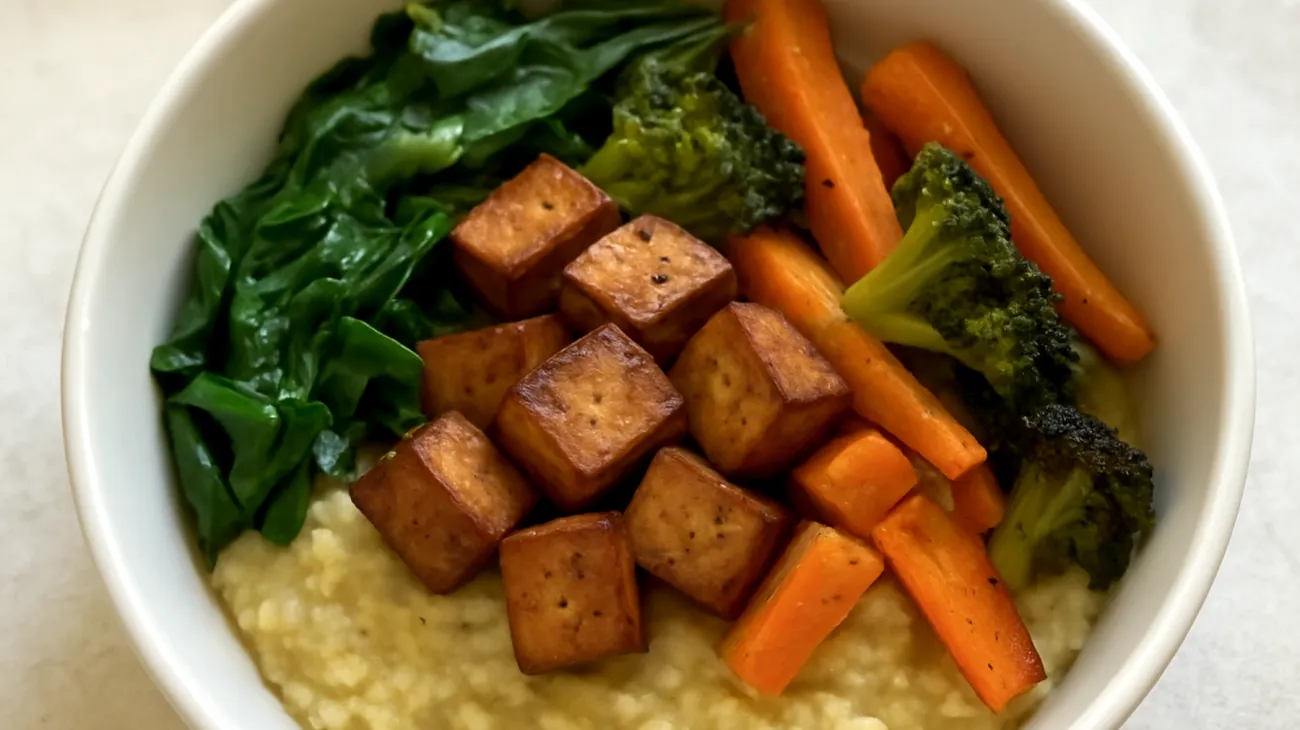 Porridge salato con miglio, tofu affumicato e verdure di stagione"