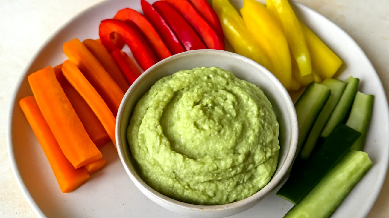 Porzione di hummus di edamame con bastoncini di verdure crude"