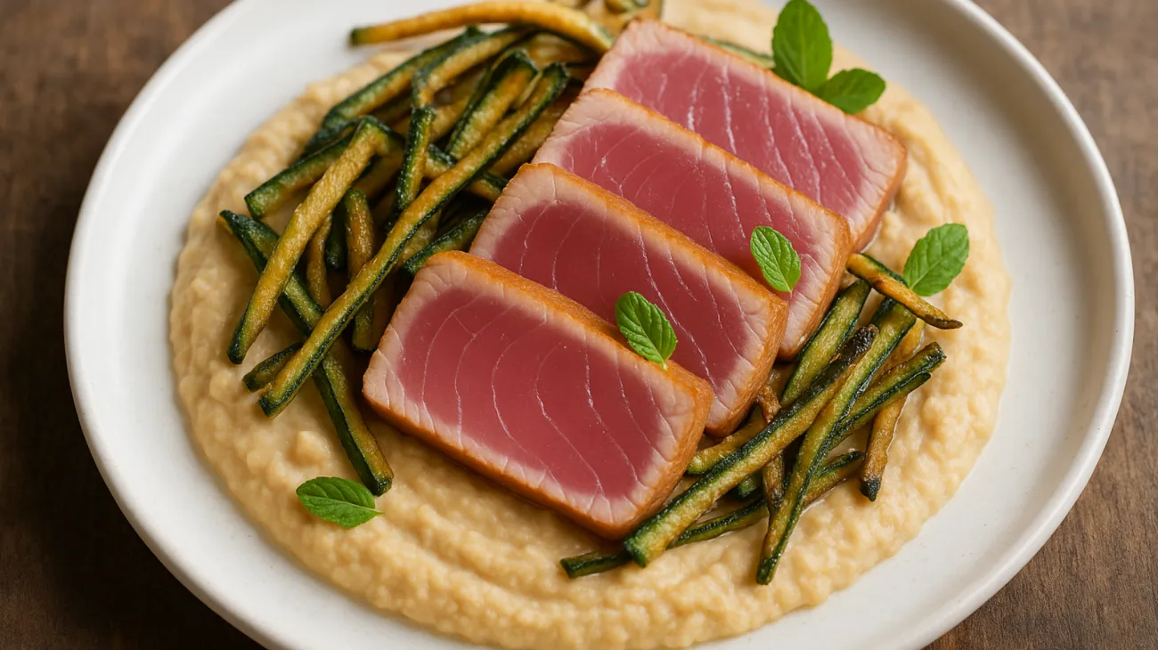 Tagliata di tonno crema di ceci zucchine croccanti"