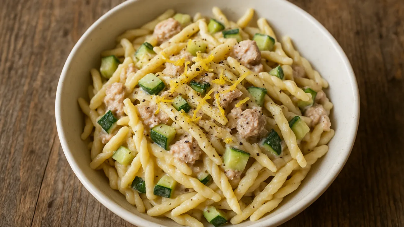 trofiette al tonno zucchine croccanti scorza di limone"