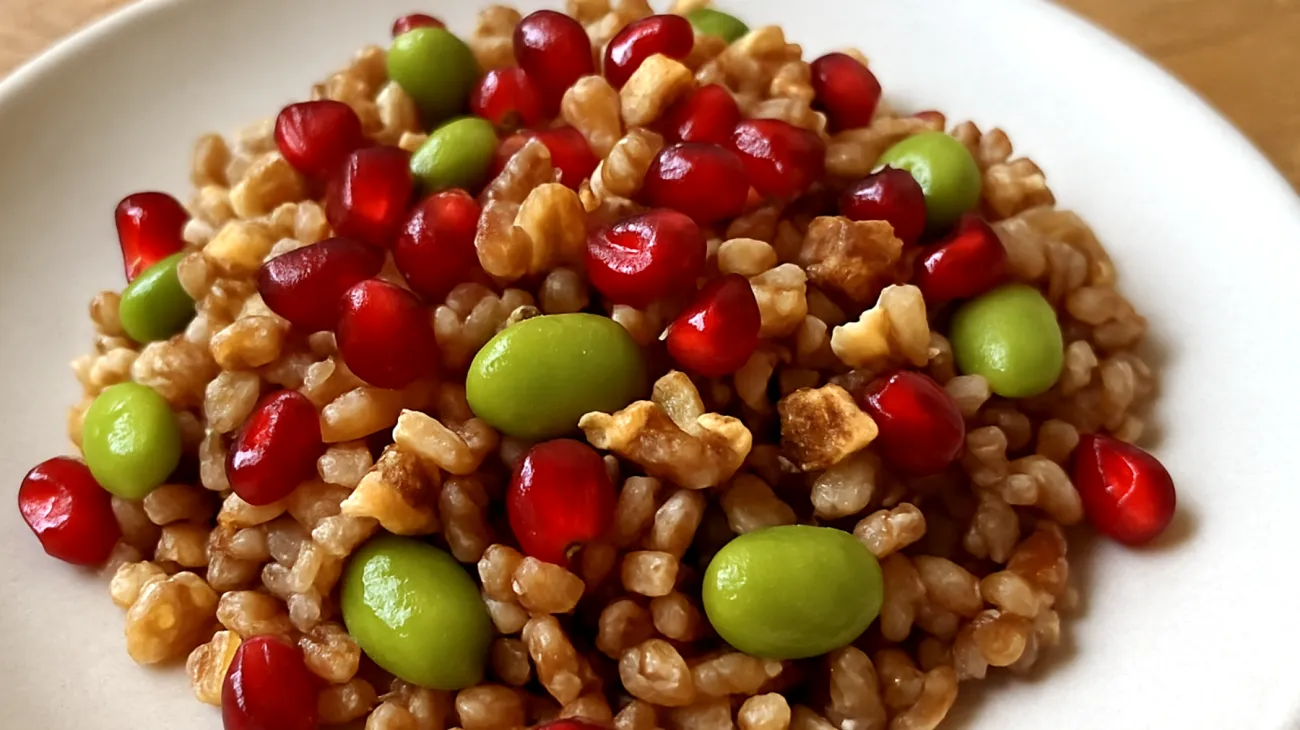 Farro con edamame, noci e melograno"