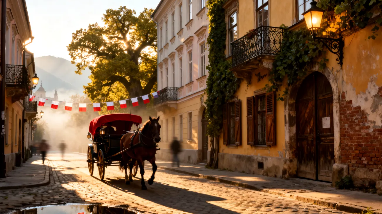 Create an image of a characteristic feature or landscape of the following place: Krakow, photography taken with iphone 13, suggestive lighting"