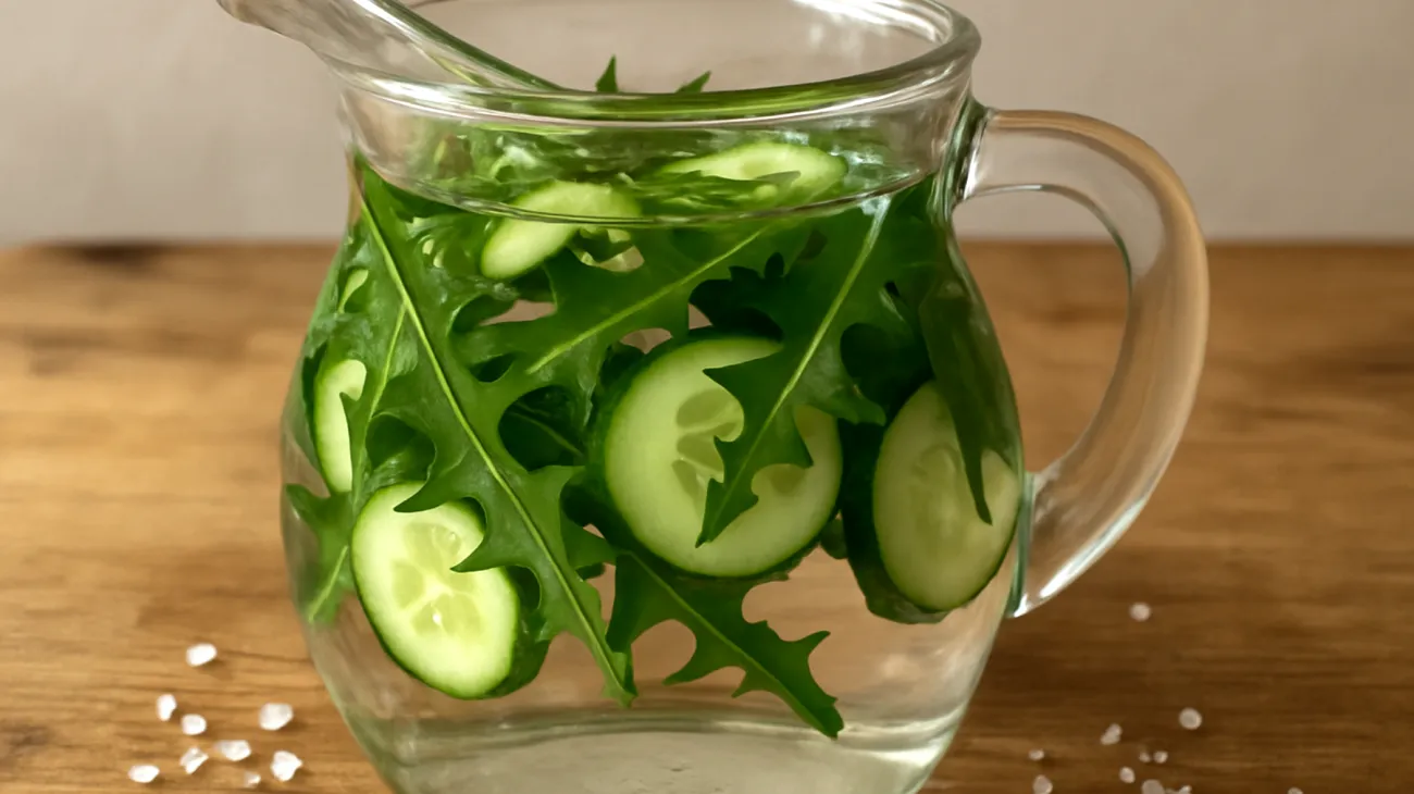 Dandelion leaf and cucumber infused water with a pinch of sea salt"