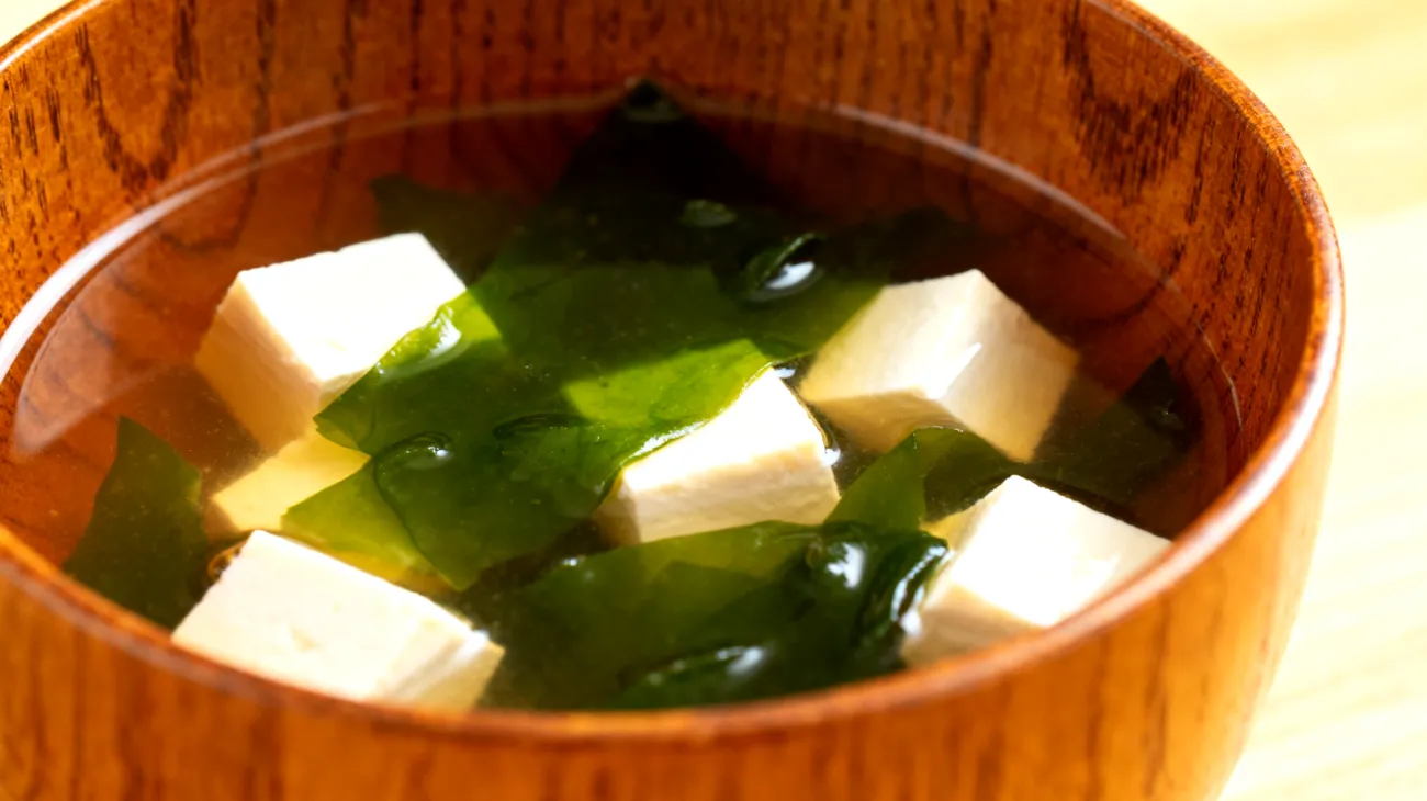 Miso soup with wakame seaweed and silken tofu"