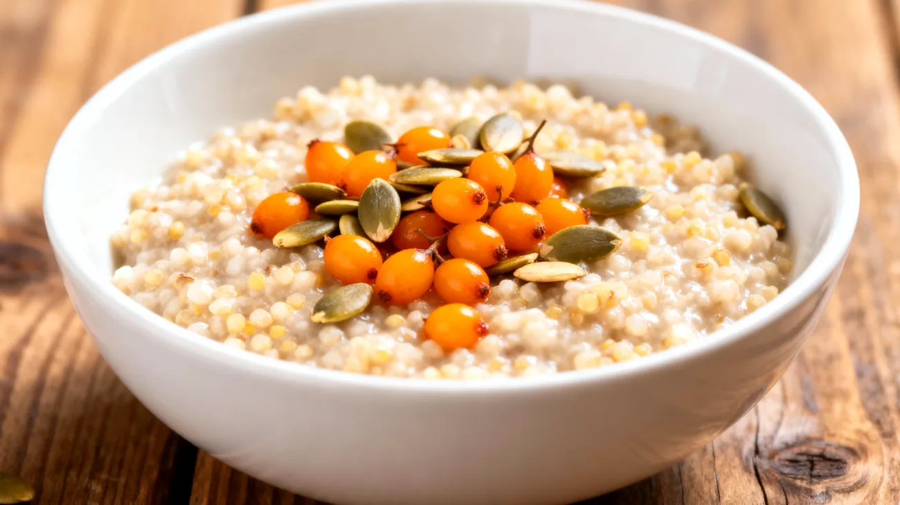 Sanddorn-Quinoa-Porridge mit gerösteten Kürbiskernen"