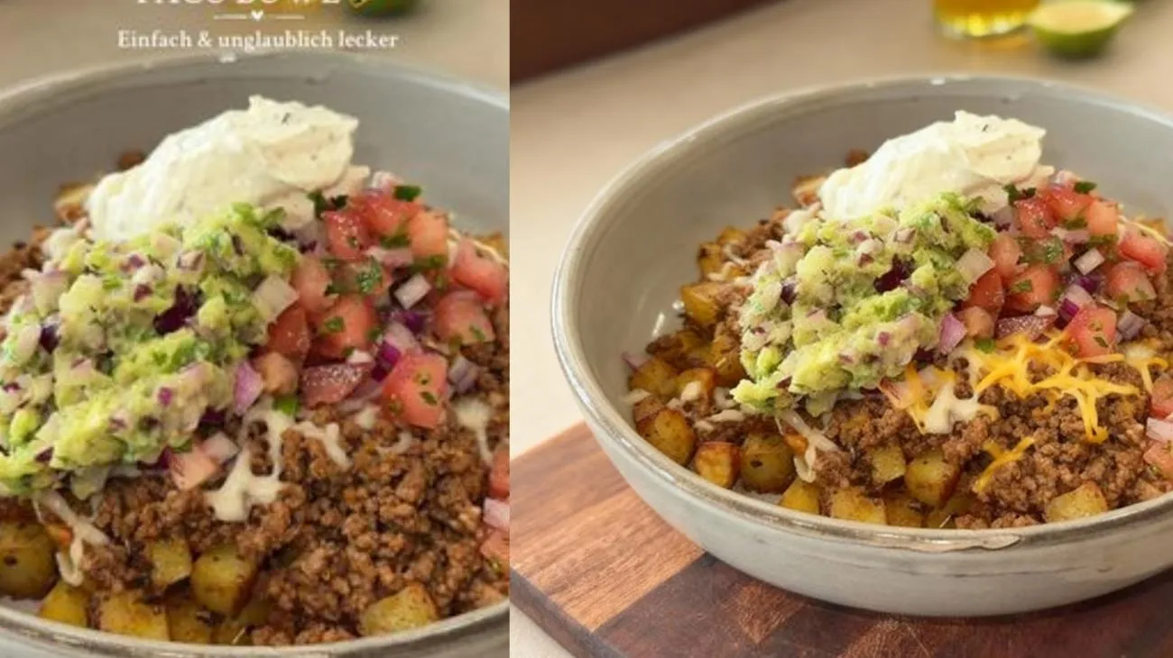 | TACO BOWL | 🌮 – so lecker & einfach gemacht! 😍 Rezept zum Speichern – für 2 Personen ⸻ Zutaten für den Tomatensalat • 1 Tomate • ½ rote Zwiebel • 1 EL frische Petersilie, gehackt • Saft einer halben Zitrone • Salz & Pfeffer Zutaten für die Guacamole • 1 Avocado • ½ rote Zwiebel • 1 EL frische Petersilie, gehackt • Saft einer halben Zitrone • 1 EL Olivenöl • Salz & Pfeffer Zutaten für die Kartoffeln • 4 große Kartoffeln • 2 EL Olivenöl • Salz, Pfeffer, Vegeta, Chili & Paprika edelsüß Zutaten für das Hackfleisch • 300 g Rinderhackfleisch • Öl zum Anbraten • Salz, Pfeffer, Vegeta, Chili & Paprika edelsüß • 2–3 EL Wasser • 2 EL Sriracha-Mayo (optional) Außerdem: • Geriebener Käse • 2 EL Crème Fraîche oder griechischer Joghurt Schritt 1: Tomatensalat 1. Tomate und ½ Zwiebel in kleine Würfel schneiden. 2. Mit Petersilie, Zitronensaft, Salz & Pfeffer vermengen. 3. Abdecken und kaltstellen. ⸻ Schritt 2: Guacamole 1. Avocado zerdrücken. 2. ½ Zwiebel fein würfeln und mit Petersilie, Zitronensaft, Olivenöl, Salz & Pfeffer zur Avocado geben. 3. Alles cremig verrühren, abdecken und ebenfalls kaltstellen. ⸻ Schritt 3: Kartoffeln 1. Ofen auf 210 °C Ober-/Unterhitze vorheizen. 2. Kartoffeln schälen, in Würfel schneiden und mit Olivenöl sowie Gewürzen (Salz, Pfeffer, Vegeta, Chili, Paprika edelsüß) vermengen. 3. Auf ein mit Backpapier belegtes Blech geben und 30–35 Minuten goldbraun backen. ⸻ Schritt 4: Hackfleisch 1. Etwa 15 Minuten bevor die Kartoffeln fertig sind, Öl in einer Pfanne erhitzen. 2. Hackfleisch bei mittlerer Stufe krümelig anbraten. 3. Mit Salz, Pfeffer, Vegeta, Chili & Paprika würzen, etwas Wasser und Sriracha-Mayo hinzufügen. 4. Kurz weiterbraten, abschmecken. ⸻ Schritt 5: Anrichten 1. Zuerst die Kartoffeln in eine Schüssel geben. 2. Dann das Hackfleisch darauf verteilen. 3. Mit geriebenem Käse bestreuen. 👉 Tipp: Schüssel mit Alufolie abdecken und für ein paar Minuten in den warmen Ofen stellen – so schmilzt der Käse perfekt. 4. Zum Schluss Tomatensalat, Guacamole und einen Klecks Crème Fraîche oder griechischen Joghurt hinzufügen. Viel Spaß beim Nachmachen! ❤️ Inspiriert von @Cal Reynolds 🙏🏼 #fy #fyp #foryoupage #viral #fypシ゚"