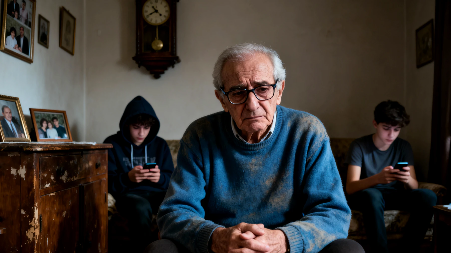 Nonno che prova sensi di colpa per non essere abbastanza presente o per sentirsi inadeguato nel rapporto con nipoti adolescenti, temendo di non riuscire a comprenderli o supportarli come vorrebbe"