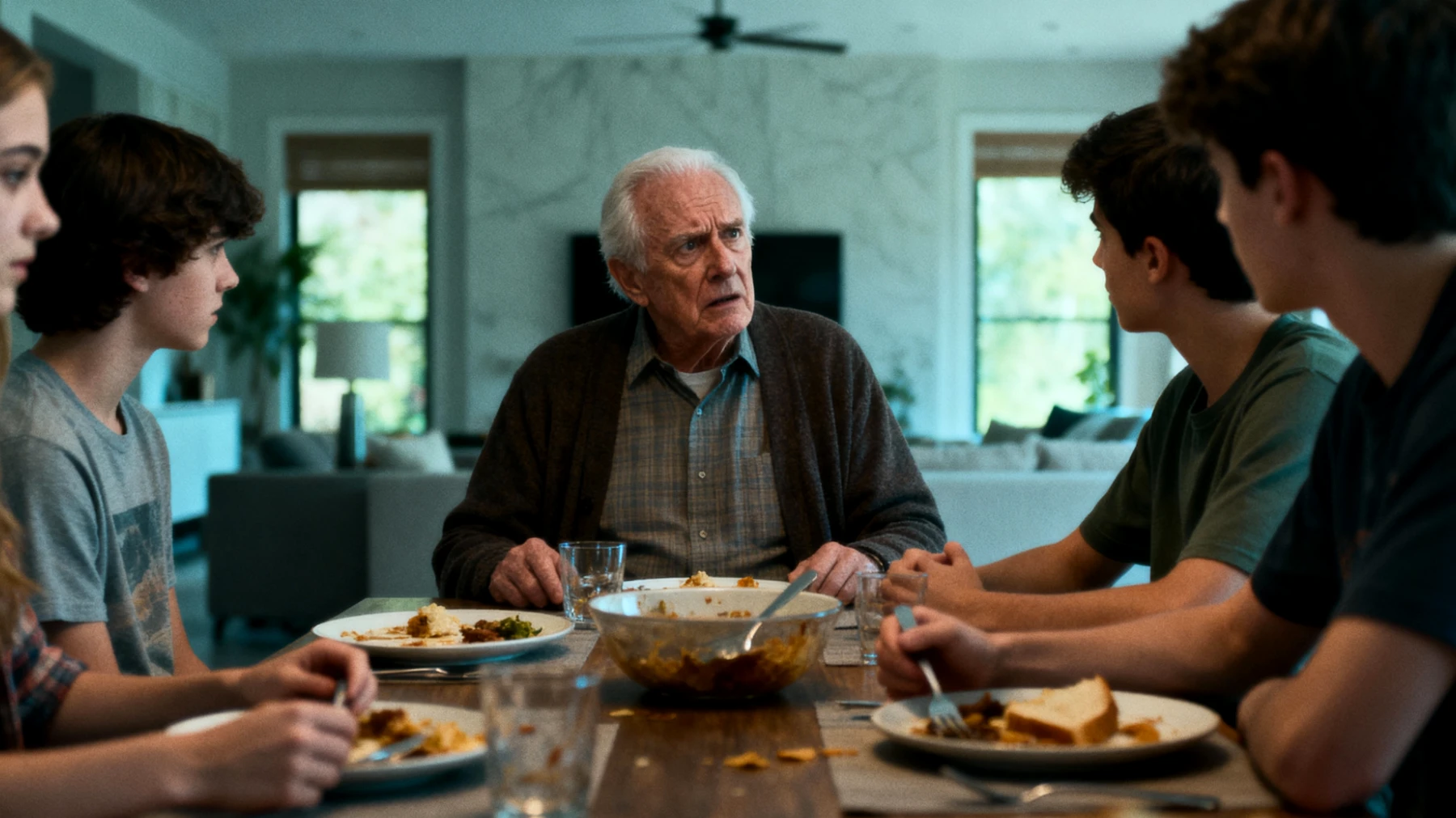 Nonno che fatica a comprendere le scelte di vita e i valori dei nipoti giovani adulti, creando tensioni e incomprensioni durante gli incontri familiari"