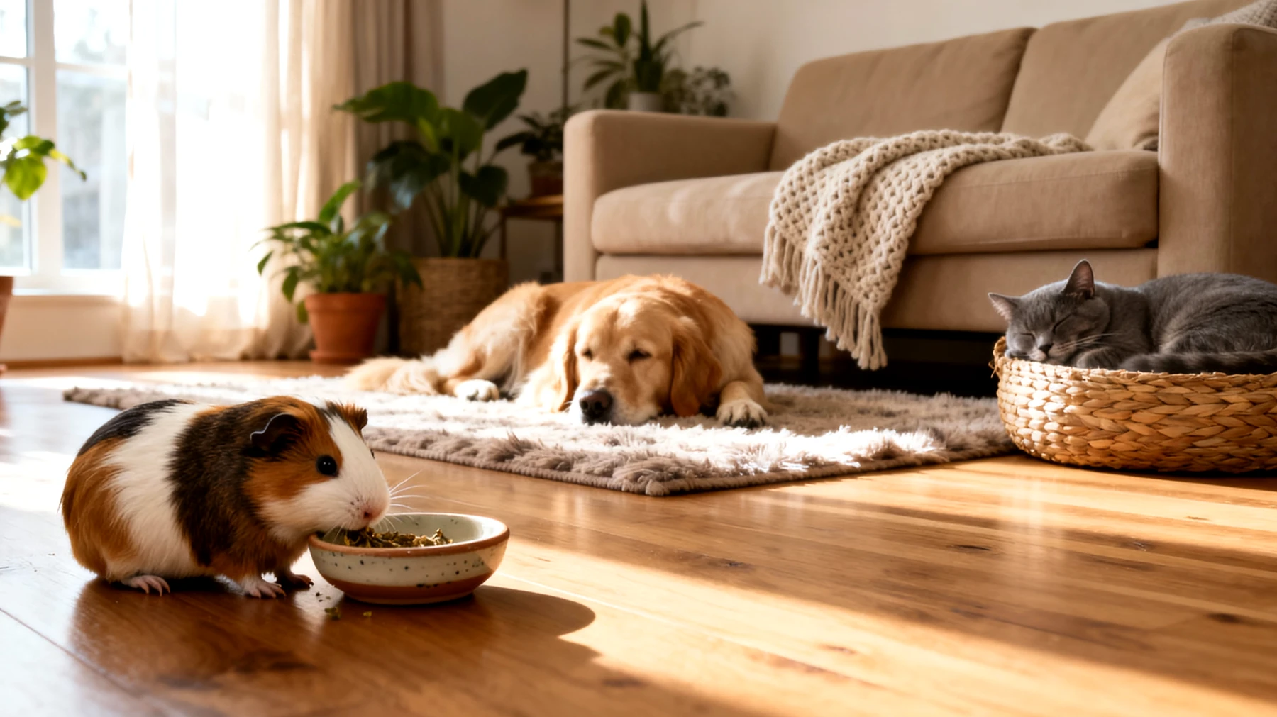 Come gestire la routine quotidiana e i rituali di un porcellino d'India quando convive con altri animali domestici, garantendo momenti regolari di alimentazione, pulizia e interazione senza stress o conflitti"
