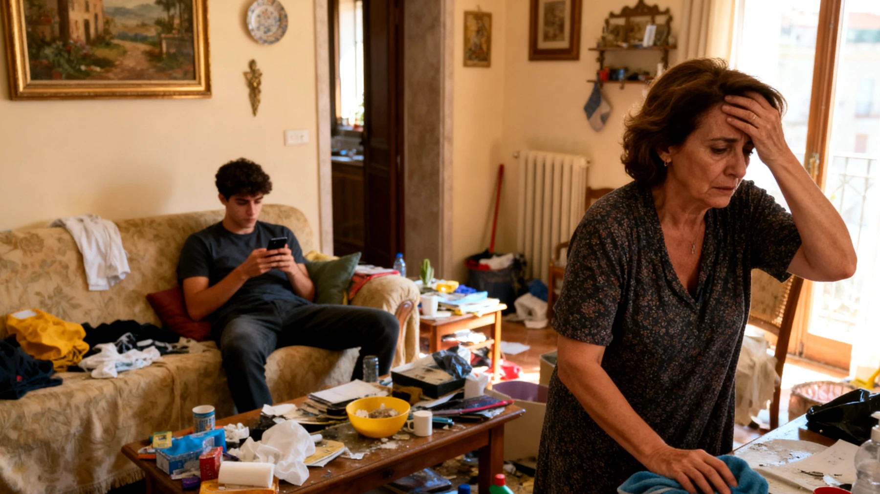 Genç yetişkin çocuk, ev işlerine katılmayı reddediyor ve anne sürekli onun arkasından temizlik yapmak zorunda kalıyor, bu durum gerginlik ve hayal kırıklığı yaratıyor."