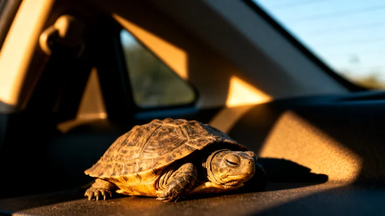 La tartaruga mostra segni di stress e disidratazione durante i lunghi viaggi in auto, con difficoltà a mantenere una temperatura corporea adeguata a causa delle variazioni termiche nell'abitacolo"