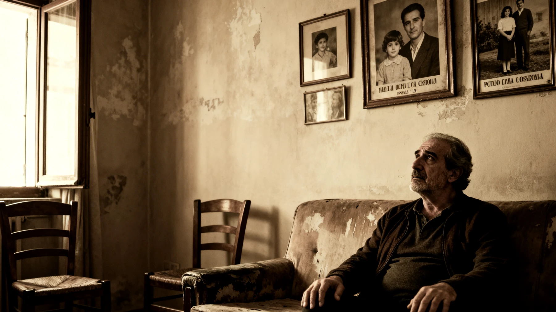 Papà che prova sensi di colpa per non essere abbastanza presente o efficace nella vita dei figli ormai giovani adulti, sentendosi inadeguato nel ruolo genitoriale durante la loro transizione verso l'indipendenza"