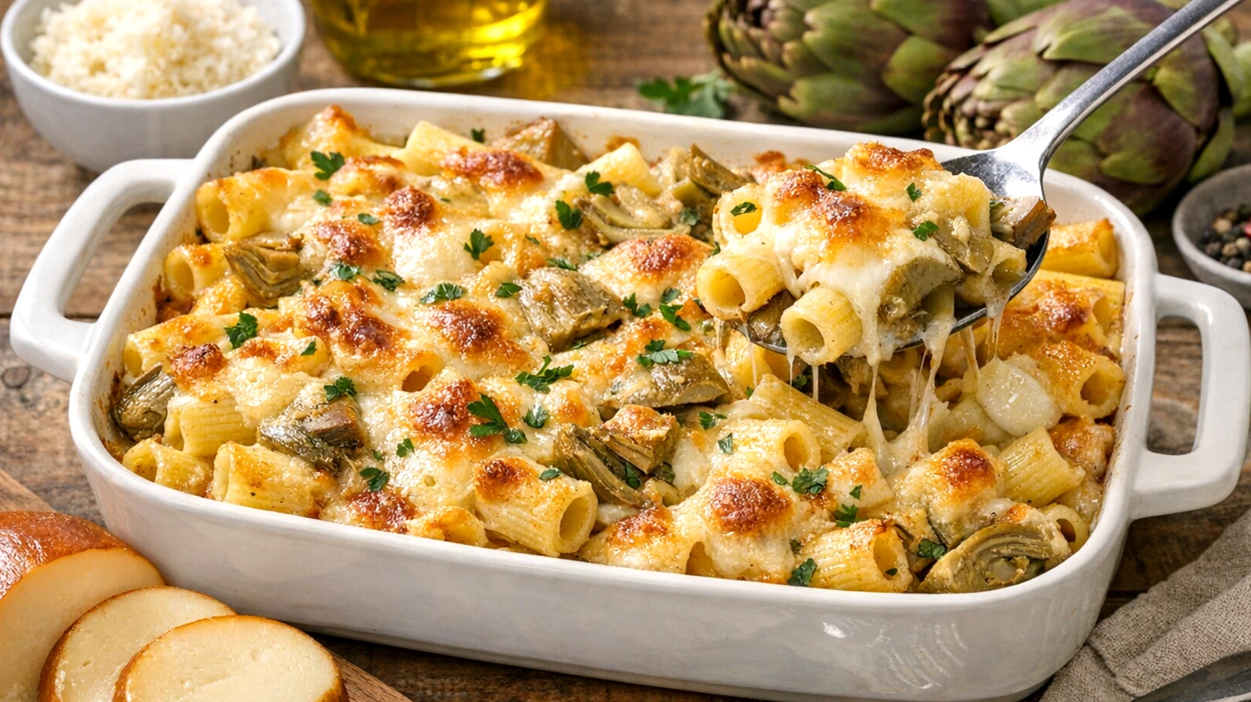Pasta al forno con carciofi e provola affumicata"